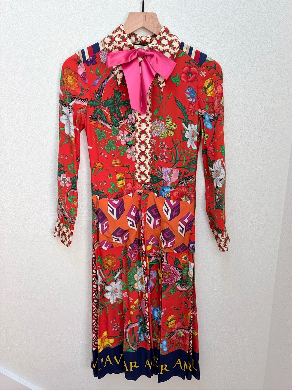Gucci Flora Snake Dress L Aveugle Par Amour Pleated Patchwork Bow Silk Size 36 - Picture 2 of 15